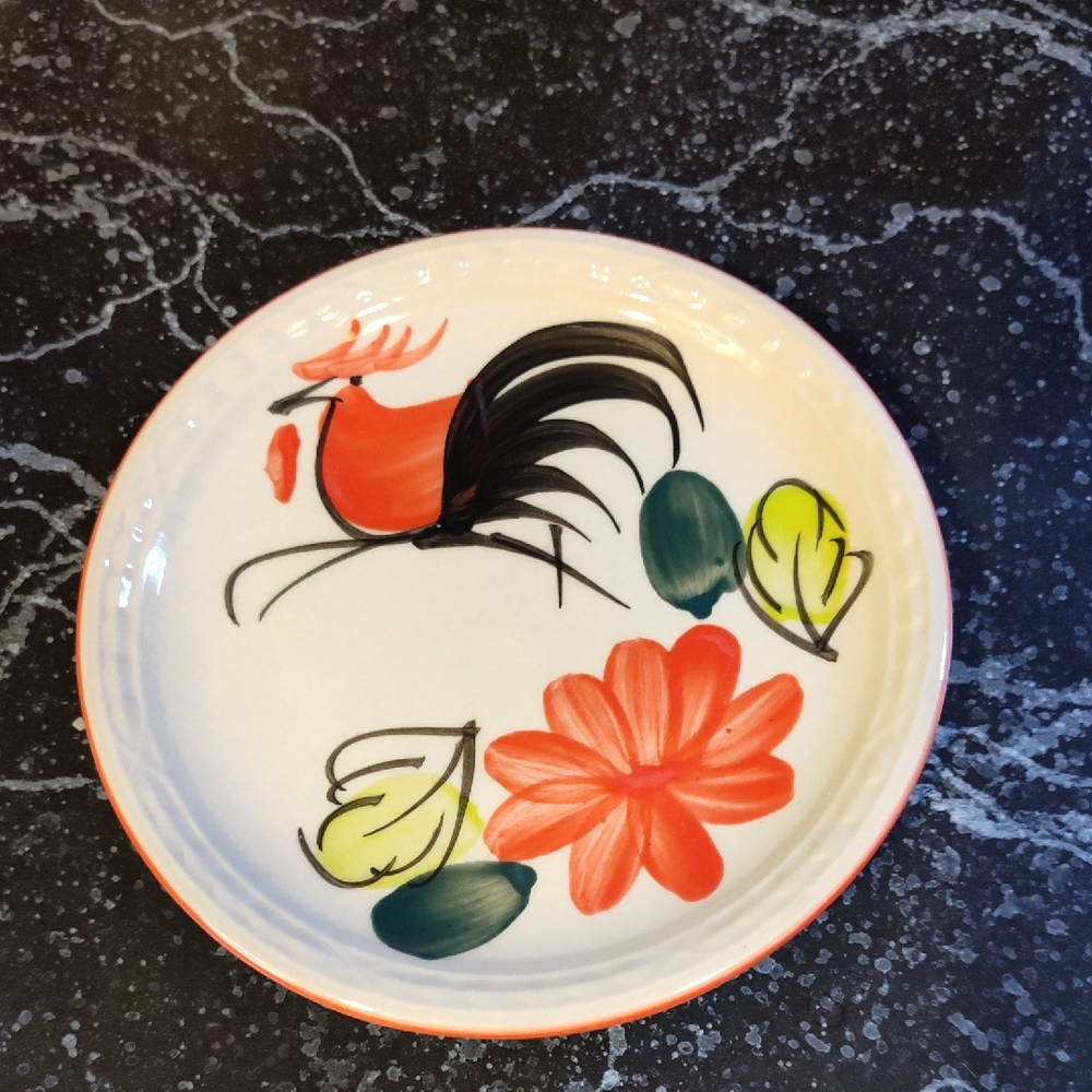 🍡 3 For $15 Colorful Handpainted Rooster Design Plate 1950's Antique